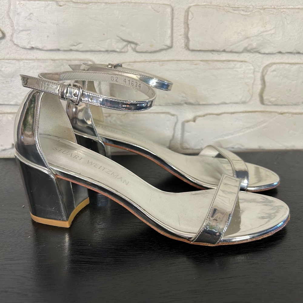 Stuart Weitzman Silver Metallic Block Heel Sandals Women's Size 7 - Picture 2 of 7